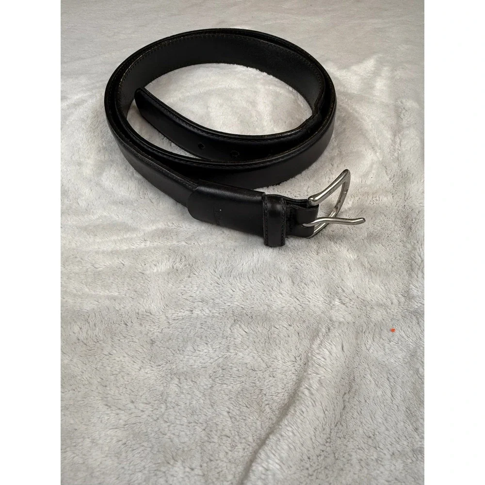 LL‎ Bean Mens Black Genuine Leather Dress Belt Silver Buckle 44 OFW3 Made in USA